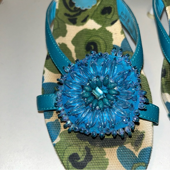 Apepazza Sandals Size 37 Kitten Heel Aqua Blue Beaded Flower Italy Beach Summer - Picture 3 of 6